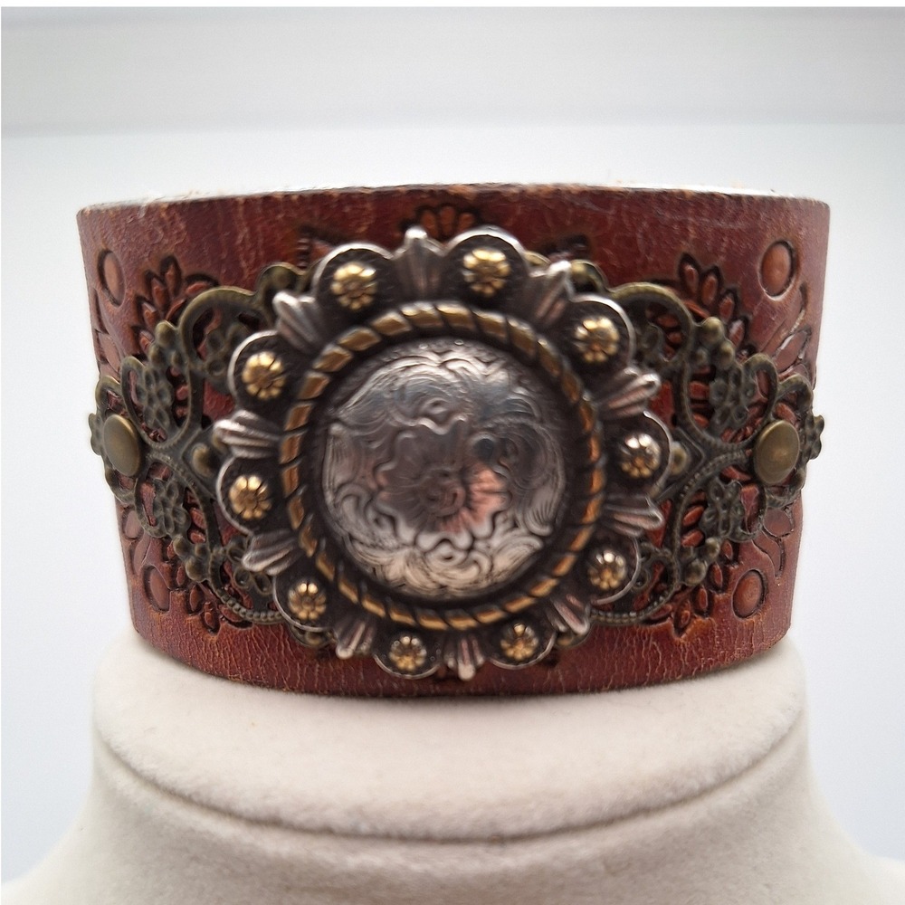 Vintage Southwestern tooled leather cuff with concho medallion 2 tone metal